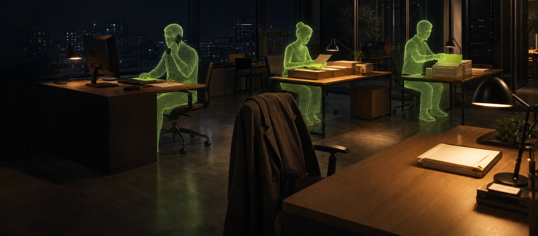Translucent AI workers handling calls, orders and paperwork inside the office at night while the team is home
