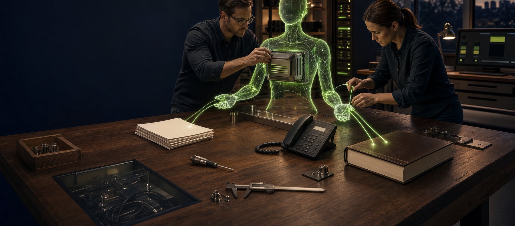 Two engineers assembling a translucent AI agent figure on a workbench, wiring it to documents, a phone and a ledger