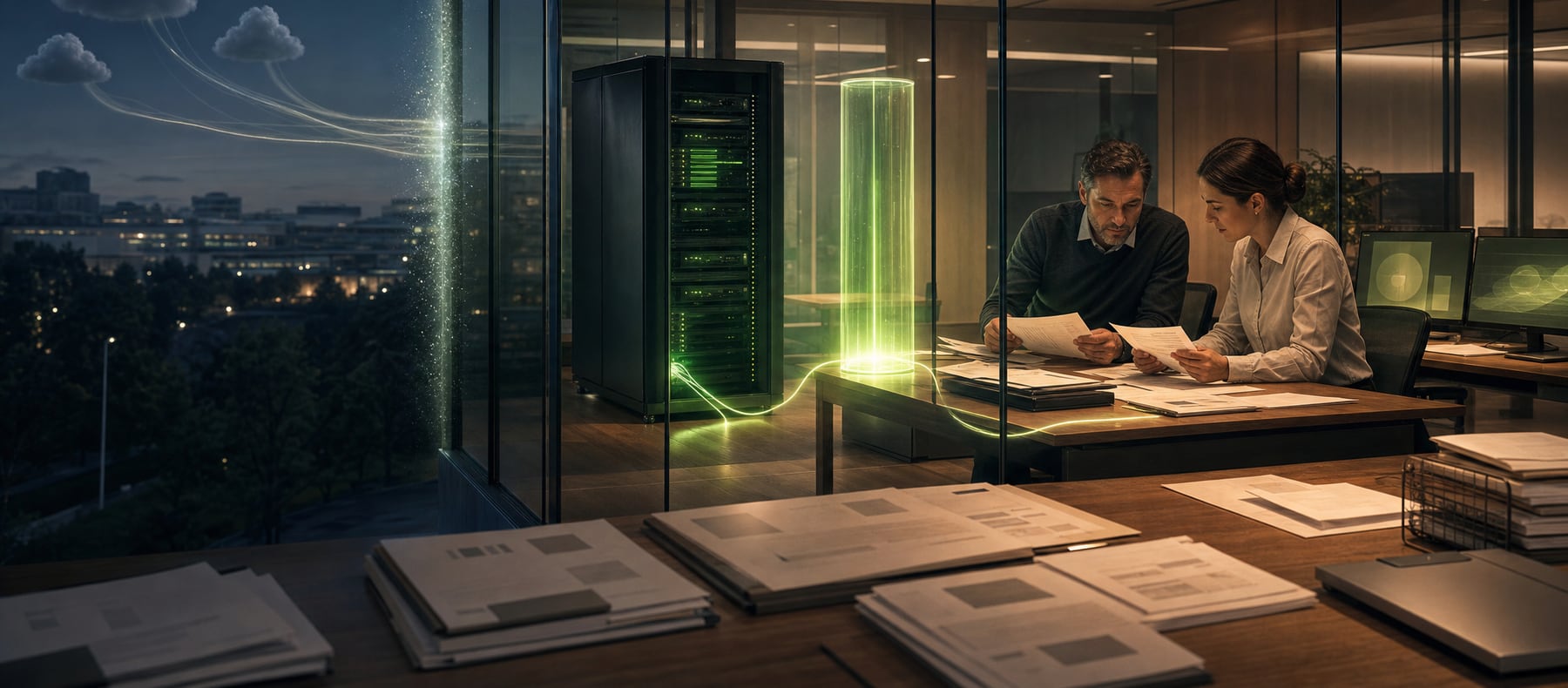 Inwizards team working with private AI and GPU servers inside their office while external cloud data streams stop at the glass wall