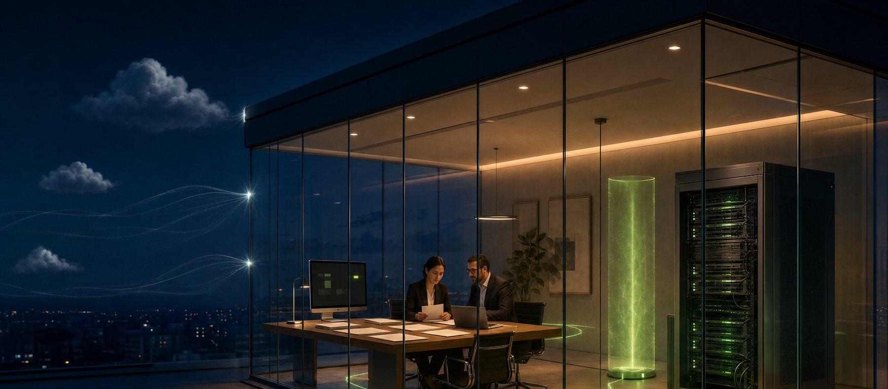 Company office at dusk with GPU servers and AI working inside a glass perimeter while external clouds stay locked outside