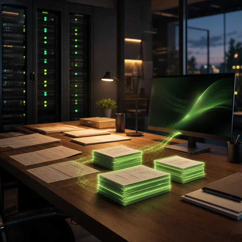 ERP documents organized into glowing stacks by AI on an office desk
