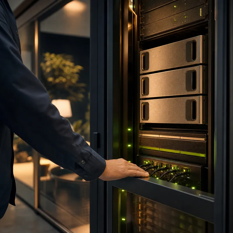 Engineer's hand on a GPU server rack with green status lights — the home of the company's private AI
