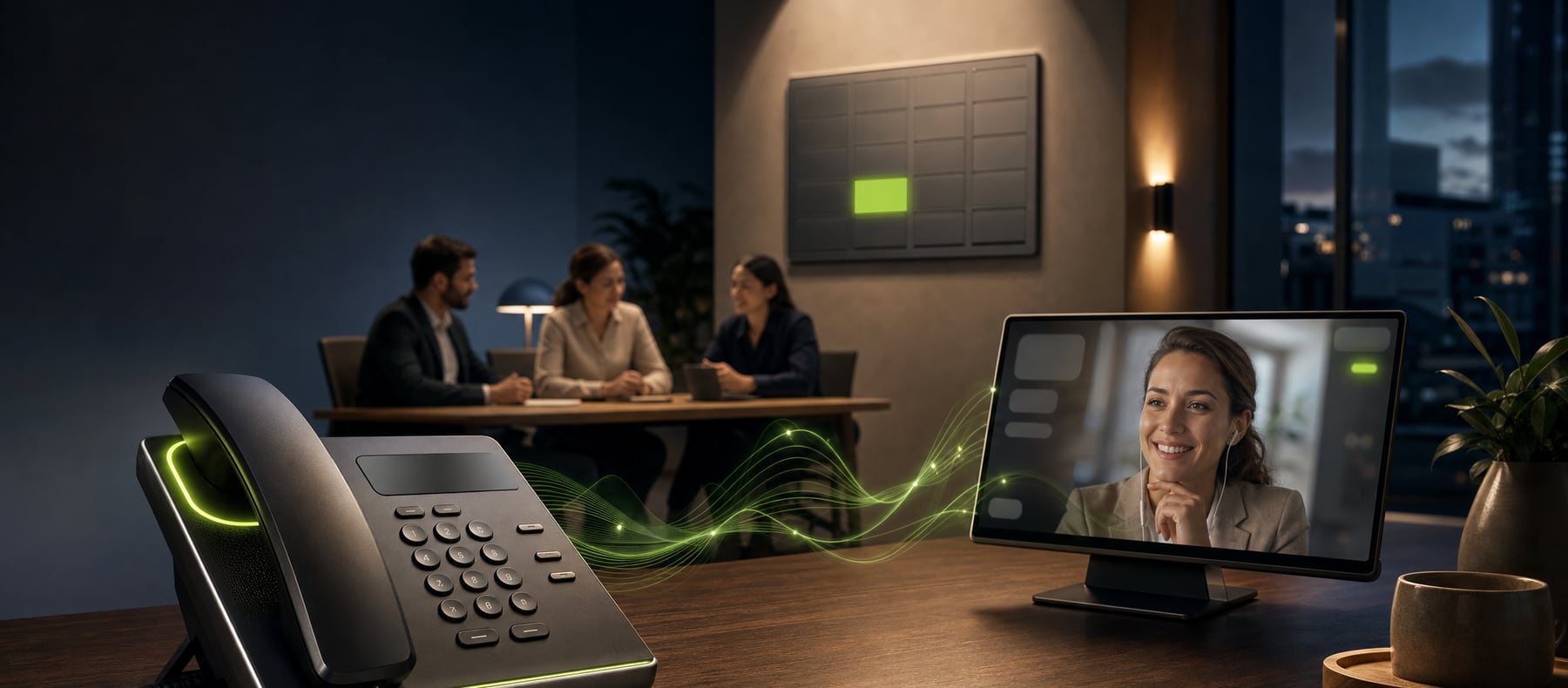 AI voice agent answering a business phone with a glowing green ring while a customer smiles on screen and the team meets undisturbed
